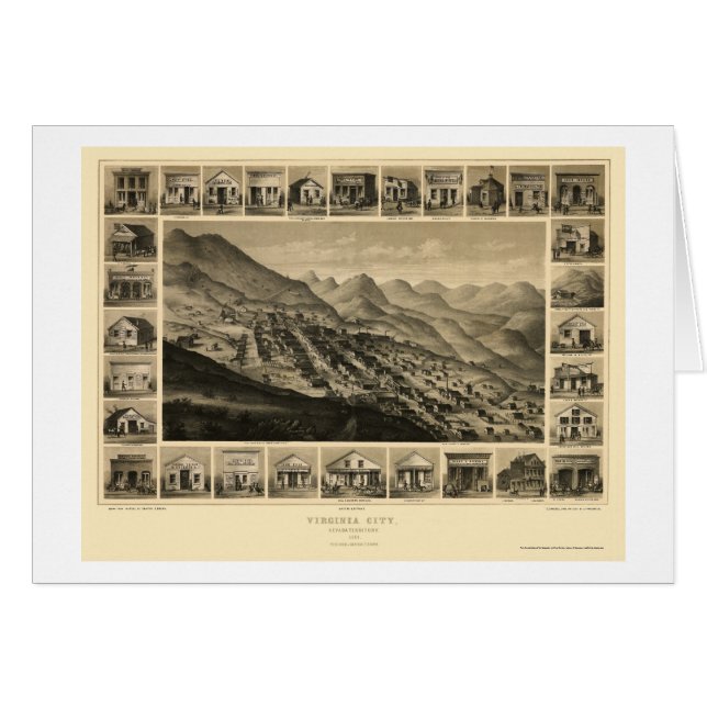 Virginia City panorama- karta för NV - 1861 Hälsningskort (Framsidan Horizontal)