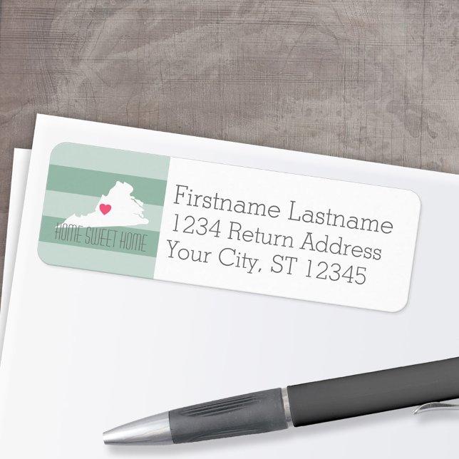 Virginia Karta Home State Kärlek med Anpassningsba Returadress Etikett (Personalized Mailing Label with Return Address and State Map - Low Minimum)