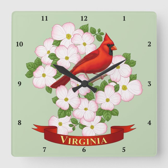 Virginia State Cardinal Bird and Dogwood Flower Fyrkantig Klocka (Framsida)