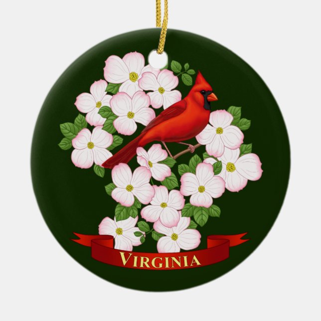 Virginia State Cardinal Bird and Dogwood Flower Julgransprydnad Keramik (Framsidan)