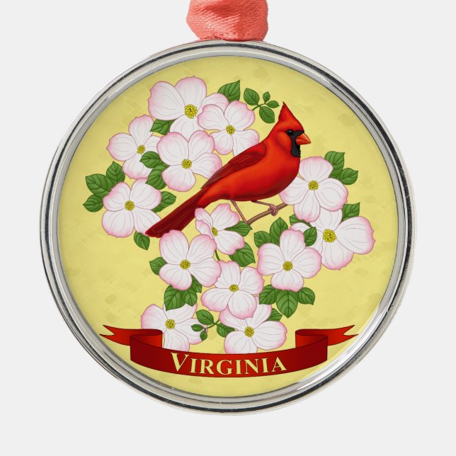 Virginia State Cardinal Bird and Dogwood Flower Julgransprydnad Metall (Framsidan)