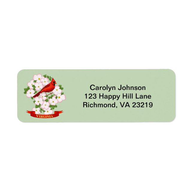 Virginia State Cardinal Bird and Dogwood Flower Returadress Etikett (Framsidan)