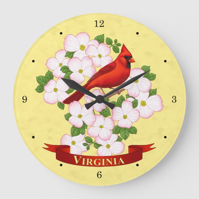 Virginia State Cardinal Bird and Dogwood Flower Stor Klocka (Framsida)