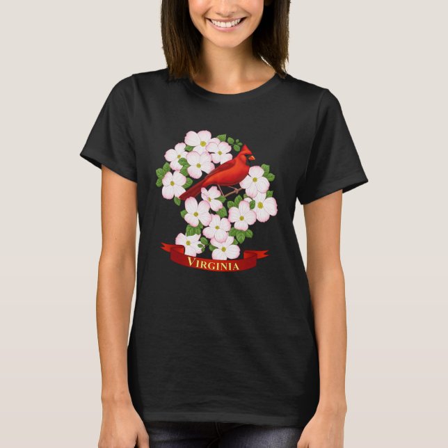 Virginia State Cardinal Bird and Dogwood Flower T Shirt (Framsida)