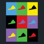 Virginia State Pop Art Mönster Poster<br><div class="desc">En söt mönster med delstatens kontur i Virginia gjord i gult,  blå,  röd,  grönt,  svart och lila</div>