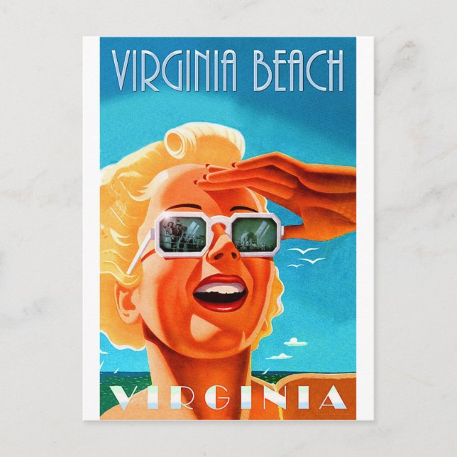Virginia strand, blond kvinna med solglasögon, vin vykort (Framsida)