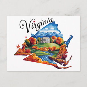 Virginia USA Delstat Formad Vintage Vattenfärg Vykort