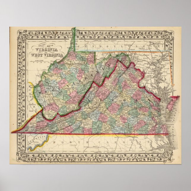 Virginia, W Virginia Karta av Mitchell Poster (Framsidan)