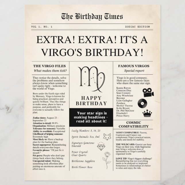 Virgo Födelsedags Tidning, Sepia stjärntecken papp (Framsida)
