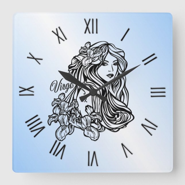 Virgo Jungfrun Zodiak Blå Romerska Siffror Fyrkantig Klocka (Framsida)