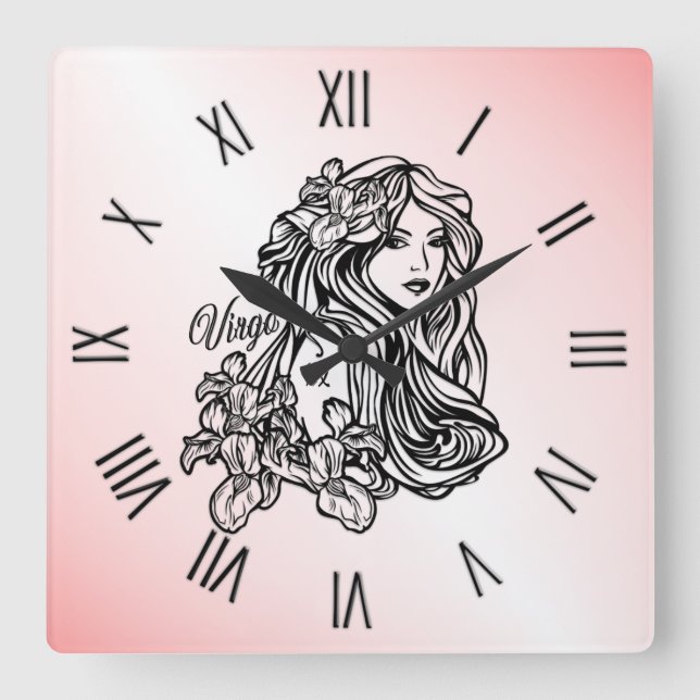 Virgo Jungfrun Zodiak Rosa Fyrkantig Klocka (Framsida)