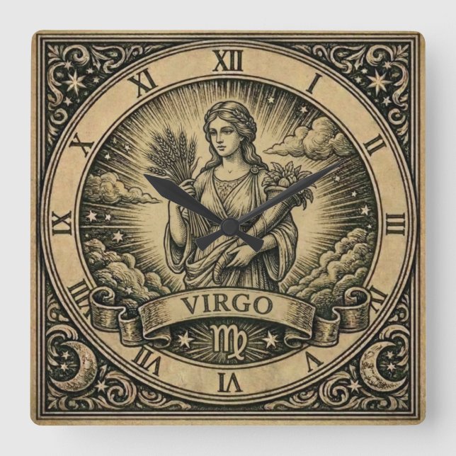 Virgo Vintage Zodiac Wall Clock Fyrkantig Klocka (Framsida)
