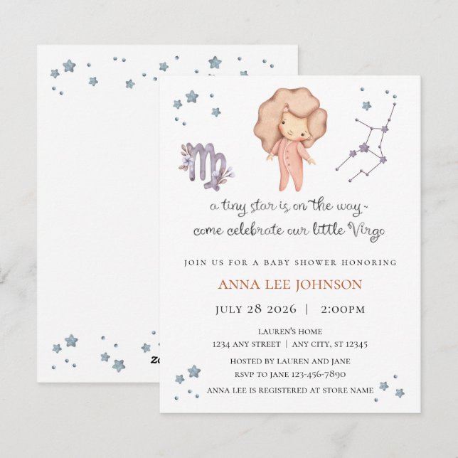 Virgo Zodiac Baby Shower Invitation Julkort (Fram/baksida)