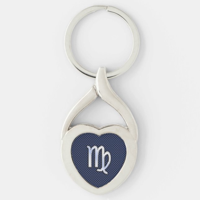 Virgo Zodiac-tecken på Marinblå Kolfibertryck Twisted Heart Silverfärgad Nyckelring (Framsidan)