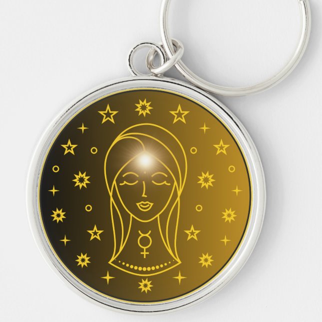 Virgo Zodiak Emblem | Minimalt Celestialt Symbol Rund Silverfärgad Nyckelring (Framsidan)