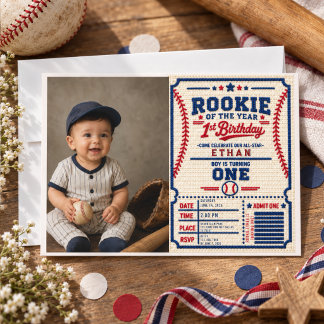 Virka Baseball Biljett 1-års födelsedagsfoto Inbjudningar