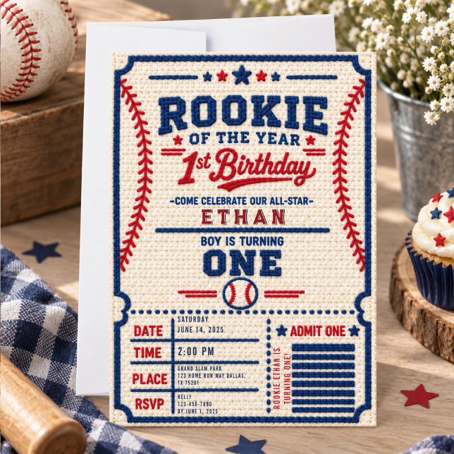 Virka Baseball Biljett 1-årsdag  Inbjudningar (Crochet Baseball Ticket 1st Birthday Invitation
)
