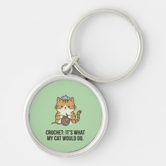 Virka Blå Hatt Garnboll Ginger Katt Design Rund Silverfärgad Nyckelring (Framsidan)