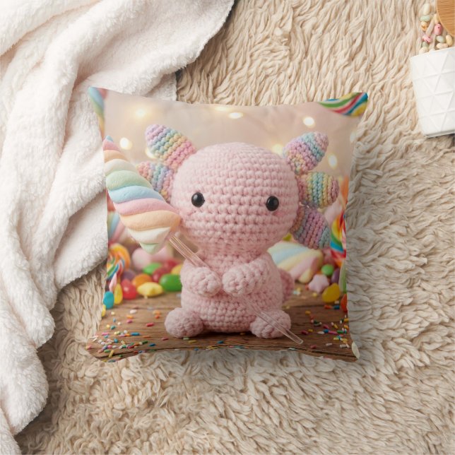 Virkad rosa axolotl pastell godis  kudde (Filt)