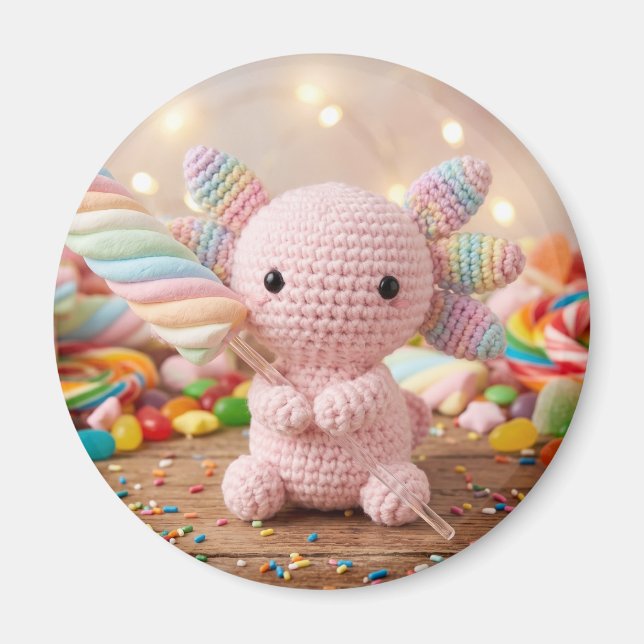 Virkad rosa axolotl pastell godis  magnet (Framsidan)