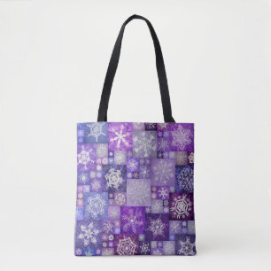 Virkade snöflingor lila digital patchwork tygkasse