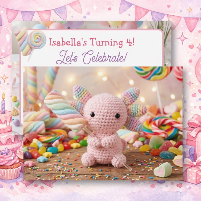 Virkat Axolotl Pastell Candy Födelsedag Inbjudningar (Skapare uppladdad)