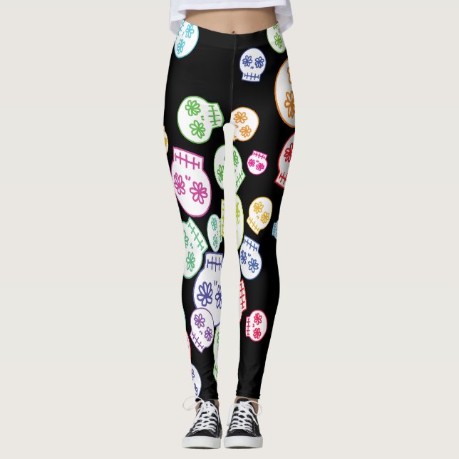 Virrig Färgglad Dödskalle Krafs Leggings (Framsida)