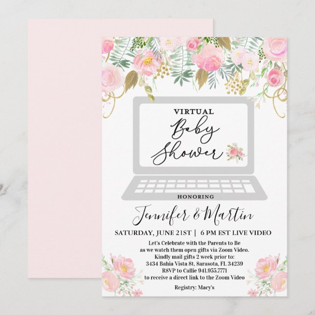 Virtuell baby shower blomsterinbjudan inbjudningar (Fram/baksida)