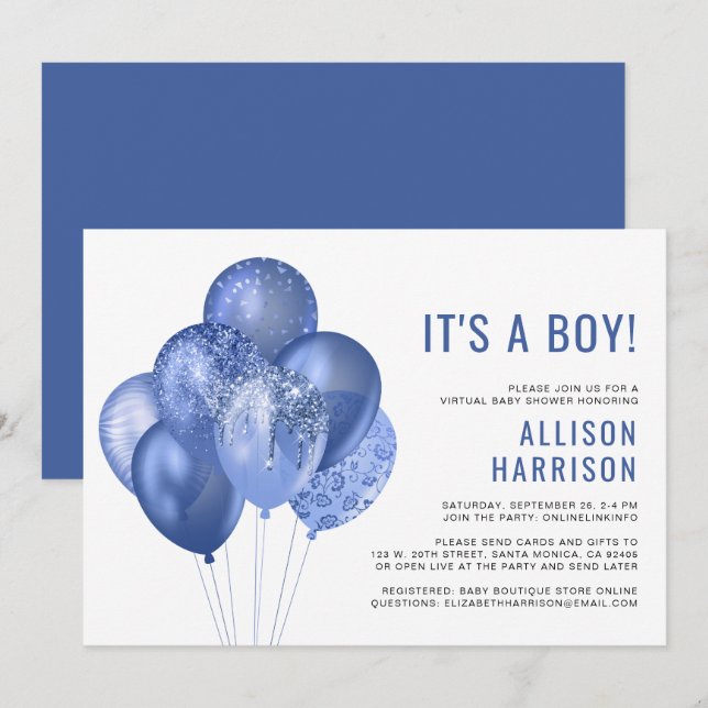 Virtuell baby shower för pojke blå glitterballonge inbjudningar (Fram/baksida)