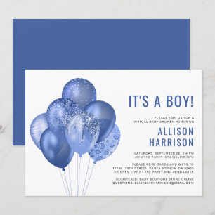 Virtuell baby shower för pojke blå glitterballonge inbjudningar