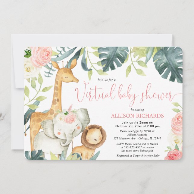 Virtuell Baby Shower Girl rosa blommigt safari ani Inbjudningar (Framsida)