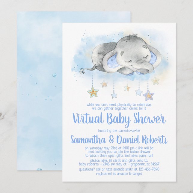 Virtuell baby shower-inbjudan för elefantpojke inbjudningar (Fram/baksida)