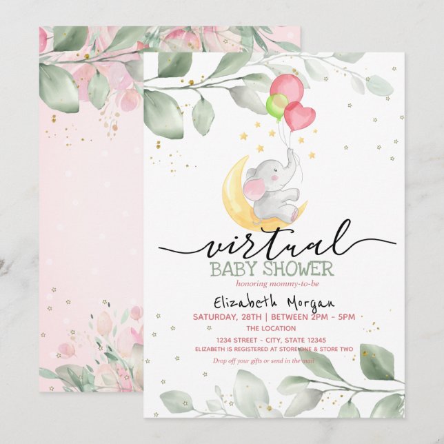 Virtuell Baby Shower med Elefantunge, Måne och Bal Inbjudningar (Fram/baksida)
