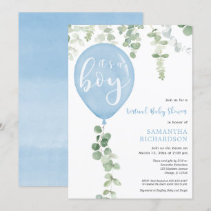 Virtuell baby shower pojke blå ballonger eukalyptu inbjudningar