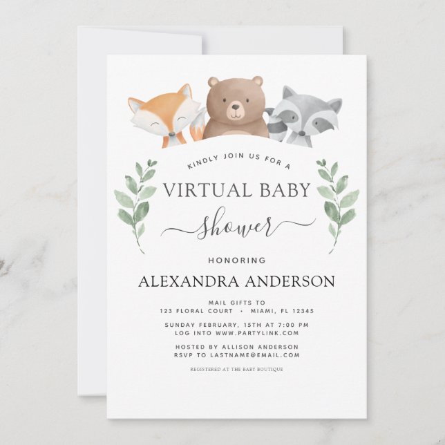 Virtuell Baby Shower Woodland Eucalyptus Greenery Inbjudningar (Framsida)