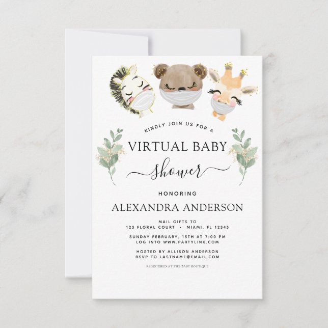 Virtuell Baby Shower Woodland Eucalyptus Greenery Inbjudningar (Framsida)