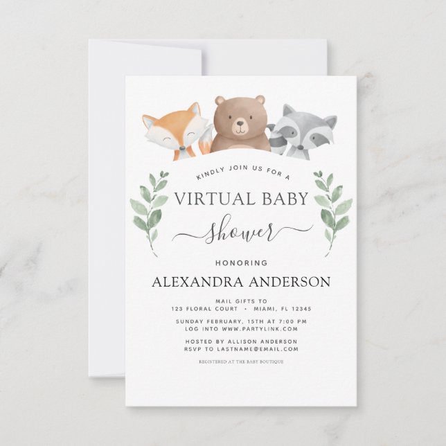 Virtuell Baby Shower Woodland Eucalyptus Greenery Inbjudningar (Framsida)