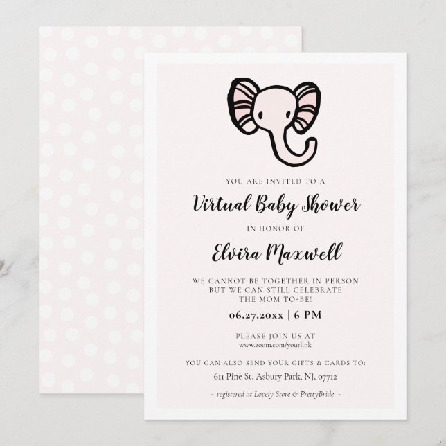 Virtuell babydusch för Cute rosa-elefant Inbjudningar (Fram/baksida)