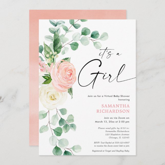 Virtuell babydusch vår blommigt rosa greenery inbjudningar (Fram/baksida)