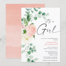 Virtuell babydusch vår blommigt rosa greenery inbjudningar