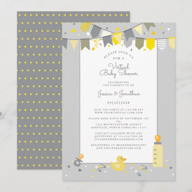 Virtuell babyskare Grått Gult Cute Banner Modern Inbjudningar (Fram/baksida)