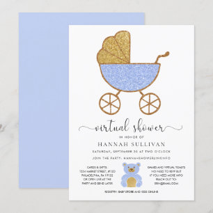 Virtuell babystölder Retro Carriage Glitter Blue Inbjudningar