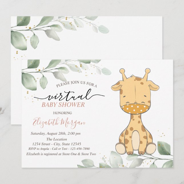 Virtuell babystötare för baby Giraffe-mask Inbjudningar (Fram/baksida)