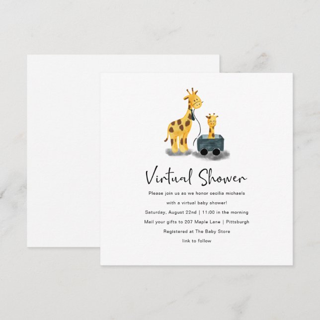 Virtuell babystötare för Cute Giraffe Inbjudningar (Fram/baksida)