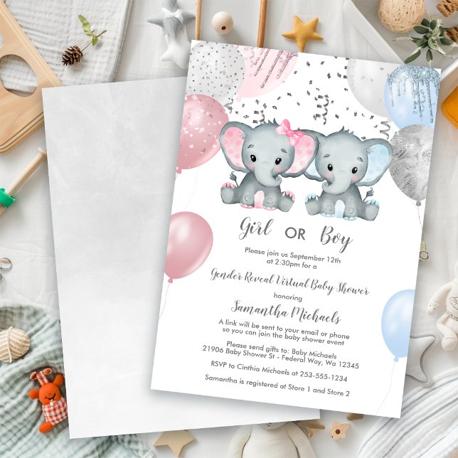 Virtuell babystötare för Elephant Gender Reveal Ba Inbjudningar (Elephant Gender Reveal Balloon Virtual Baby Shower Invitation)