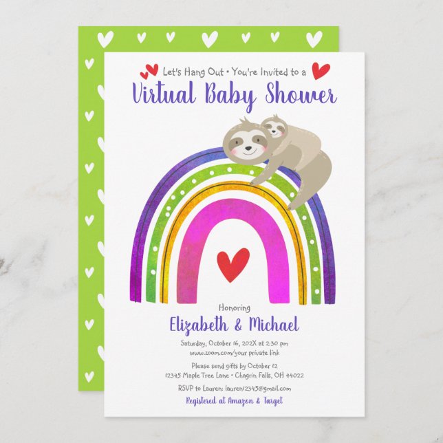 Virtuell babystövel Cute Sloth Boho Rainbow Modern Inbjudningar (Fram/baksida)