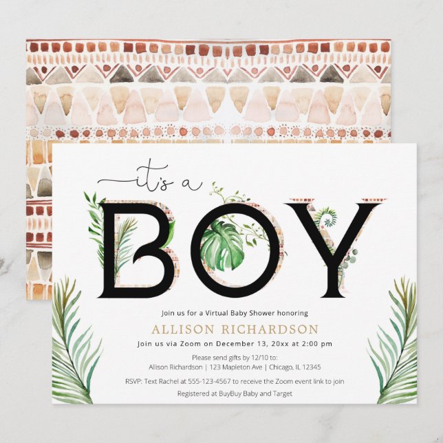 Virtuell babystövel Det är en pojksafari-djungel Inbjudningar (Fram/baksida)