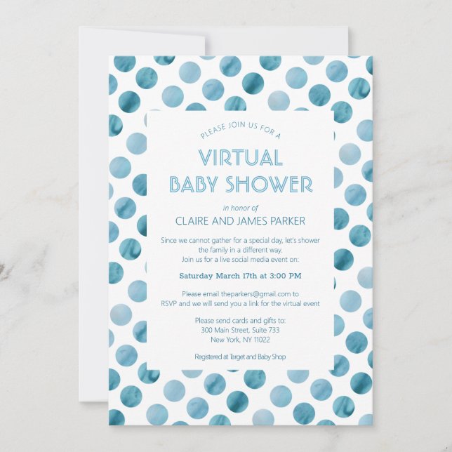 Virtuell babystövel för blått polka med vattenfärg inbjudningar (Framsida)