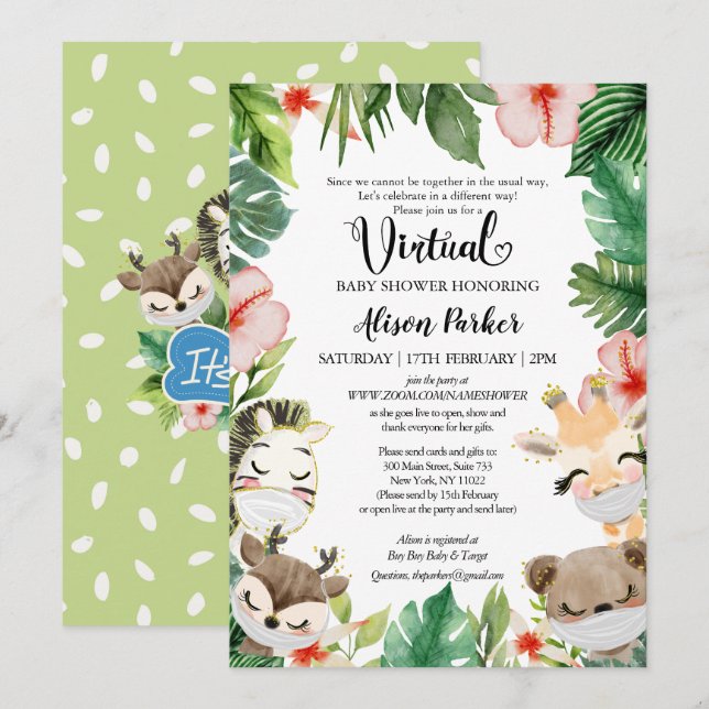 Virtuell babystövel för BOY | Safari Friends Inbjudningar (Fram/baksida)