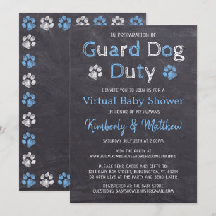 Virtuell babystövel för Chalkboard Hund Blue Boy Inbjudningar